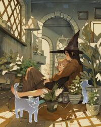 2girls black_hair black_hat brown_hair cat closed_eyes closed_mouth cuddling dark_skin ghost hat highres holding holding_wand indoors jar lamp long_hair lying_on_person multiple_girls original plant potted_plant simz sitting slice_of_life wand witch_hat yuri