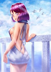 1girl :d absurdres ass backless_outfit bare_legs bird blurry blurry_background butt_crack cloud curecycadura day dress from_behind grey_ribbon grey_sweater hair_ornament hairclip hanadera_nodoka healin&#039;_good_precure highres looking_at_viewer looking_back meme_attire naked_sweater open_mouth outdoors precure purple_hair short_hair shoulder_blades sleeveless sleeveless_sweater smile solo swan sweater sweater_dress virgin_killer_sweater yellow_eyes