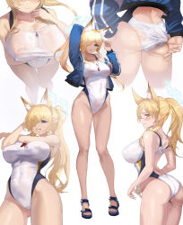 1girl adjusting_clothes adjusting_swimsuit animal_ear_fluff animal_ears ass bare_shoulders blonde_hair blue_archive blue_eyes blue_halo blush breasts competition_swimsuit covered_erect_nipples cowboy_shot dog_ears dog_girl extra_ears from_above full_body gluteal_fold hair_over_one_eye halo highleg highleg_one-piece_swimsuit highres jacket kanna_(blue_archive) kanna_(swimsuit)_(blue_archive) large_breasts long_hair looking_at_viewer multiple_views notched_ear official_alternate_costume one-piece_swimsuit ponytail rbtmd22 see-through_clothes sharp_teeth simple_background smile standing sweat swimsuit teeth thigh_gap thighs very_long_hair wet wet_clothes whistle whistle_around_neck white_background white_one-piece_swimsuit