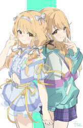 1girl absurdres back-to-back black_ribbon blonde_hair blue_jacket blue_shirt blue_skirt blush bow braid center_frills clone commentary cropped_jacket cropped_shirt dual_persona frills fujita_kotone gakuen_idolmaster hair_bow hair_ribbon highres holding_hands idolmaster interlocked_fingers jacket long_hair looking_at_viewer multicolored_jacket plaid_clothes plaid_skirt ribbon sekaiichi_kawaii_watashi_(idolmaster) shirt skirt smile twin_braids white_bow xinrouyu