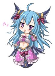 1girl absurdres ahoge artist_name blue_hair chibi dated emil_chronicle_online frilled_skirt frills hair_ornament hair_ribbon highres holding holding_microphone horns long_hair lorelei_lore mermaid microphone monster_girl musical_note pink_skirt purple_eyes red_ribbon ribbon skirt spoken_musical_note white_background yanapy
