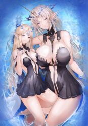 2girls asymmetrical_docking bare_shoulders black_collar black_dress blonde_hair blue_eyes blue_hair blush breast_press breasts cartethyia_(wuthering_waves) chinese_commentary collar colored_inner_hair commentary crown_of_thorns dress dual_persona earrings english_commentary fleurdelys_(wuthering_waves) floating_earrings highres horns huge_breasts jewelry long_hair long_horns looking_at_viewer medium_breasts mixed-language_commentary multicolored_hair multiple_girls necklace parted_bangs parted_lips pointy_ears sidelocks single_horn strapless strapless_dress tacet_mark_(wuthering_waves) thighs variant_set wuthering_waves yellow_horns yusha_m