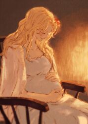 1girl ^_^ blonde_hair cardigan cardigan_on_shoulders closed_eyes commentary_request flower freckles gohan_ooo hair_flower hair_ornament on_chair one_piece portgas_d._rouge pregnant sidelighting sitting smile solo
