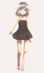 1girl bare_shoulders choker dress female_focus flat_chest full_body highres jewelry legs necklace nyaou purple_eyes purple_hair see-through_clothes simple_background solo tukisima walking