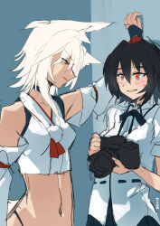 Rule 34 | 1boy, 1girl, absurdres, against wall, animal ear fluff, animal ears, arm up, belt, black belt, black collar, black gauntlets, black hair, black ribbon, black skirt, blush, bridal gauntlets, camera, collar, commentary request, crop top, detached sleeves, flustered, genderswap, genderswap (ftm), grin, hair between eyes, hand on wall, hat, highres, holding, holding camera, inubashiri momiji, kakaricho dairi, long sleeves, looking at another, looking down, messy hair, midriff, navel, neck ribbon, no headwear, open mouth, orange eyes, puffy short sleeves, puffy sleeves, red eyes, red hat, red ribbon, ribbon, ribbon-trimmed sleeves, ribbon trim, shameimaru aya, shirt, short hair, short sleeves, skirt, smile, sweatdrop, tokin hat, touhou, upper body, white hair, white shirt, wolf boy, wolf ears