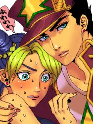 1boy 1girl arm_around_shoulder black_hair blue_hair bun_with_braided_base chain commentary_request double_bun earrings father_and_daughter green_eyes green_hair hair_bun hat jewelry jojo_no_kimyou_na_bouken kuujou_jolyne kuujou_joutarou lowres multicolored_hair nedayashi purple_hat red_nails stone_ocean stud_earrings sweat translation_request two-tone_hair