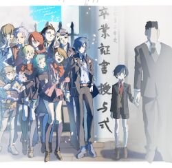 aigis_(persona) amada_ken aragaki_shinjirou arinnixxx1103 arm_hug baseball_cap black_jacket border bow bowtie cardigan english_text fading formal_clothes gekkoukan_high_school_uniform hat highres iori_junpei jacket kirijou_mitsuru koromaru_(persona) mochizuki_ryouji persona persona_3 persona_3_reload red_bow red_bowtie remembering s.e.e.s sanada_akihiko school_uniform shorts skirt smile suit sweater takeba_yukari white_border yamagishi_fuuka yuuki_makoto_(persona_3)