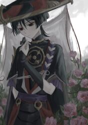 1boy arm_at_side armor black_bodysuit black_butterfly black_eyes black_hair black_hat black_kimono black_sleeves blood_on_flower blunt_ends bodysuit bug butterfly butterfly_on_hand closed_mouth empty_eyes eyelashes eyeliner eyeshadow flower frilled_sleeves frills furisode genshin_impact gold gold_trim grey_veil hair_between_eyes hand_up hat highres insect japanese_armor japanese_clothes jewelry jingasa juban kimono kote kurokote layered_sleeves leaf makeup male_focus mandarin_collar mitsudomoe_(shape) neck_ring o-ring open_clothes open_kimono outdoors overcast painterly pink_flower pink_rose purple_rope purple_sash purple_sleeves red_eyeliner red_eyeshadow red_hat red_kimono red_sash rope rose sash scaramouche_(genshin_impact) shimenawa short_sleeves single_sode sky solo tomoe_(symbol) two-tone_hat upper_body veil white_kimono white_rope yoruli_e