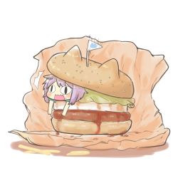 10s 1girl ^^^ animal_ears black_eyes blush_stickers burger cat_ears female_focus flag food in_food inishie kantai_collection ketchup lettuce lying mini_person minigirl on_stomach open_mouth purple_hair short_hair solo surprised sweatdrop tama_(kancolle) wavy_mouth white_background wrapper