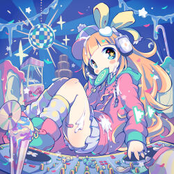 1girl album_cover blonde_hair blue_background blue_eyes blunt_bangs blush_stickers boots camellia_(musician) candy candy_cane cd cover disco_ball dj fang fondue food food_in_mouth food_on_clothes food_on_face from_side full_body green_boots green_hoodie grey_skirt hair_ornament hair_ribbon hand_on_headphones hat headphones headwear_request heart heart_hair_ornament highres hood hood_down hoodie ice_cream ice_cream_cone ice_cream_on_face indie_utaite jewelry kneehighs knees_up lollipop long_hair looking_at_viewer looking_to_the_side loose_socks mamimu_(ma-mi-mu.me) miniskirt multicolored_hair nanahira orange_hair pendant phonograph pink_hoodie pleated_skirt polka_dot_socks popcorn replay!_(camellia_&amp;_nanahira) ribbon sitting skirt smile socks solo star-shaped_pupils star_(symbol) star_hair_ornament stereo streaked_hair suggestive_fluid sunburst sunburst_background swirl_lollipop symbol-shaped_pupils textless_version turntable wavy_hair yellow_ribbon