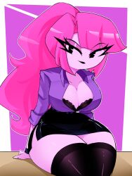 1girl adventure_time black_lips breasts cleavage colored_skin eyeshadow highres long_hair long_sleeves looking_at_viewer makeup no_sclera open_clothes pink_hair pink_skin ponytail princess_bonnibel_bubblegum purple_background purple_shirt shirt sitting thick_thighs thighhighs thighs very_long_hair wide_hips xan_(xan42705228)