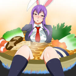 1girl animal_ears black_legwear blazer blue_fire blush breasts collared_shirt cooking crescent female_focus fire food frying_pan head_tilt highres in_food jacket lactone large_breasts long_hair looking_at_viewer mini_person minigirl name_connection noodles object_namesake open_mouth partially_submerged purple_eyes rabbit_ears red_eyes reisen_udongein_inaba shirt solo soup steam sweat touhou udon wet wet_clothes