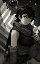 1girl absurdres arm_wrap breasts from_side gray_(void_stranger) greyscale highres holding holding_staff jewelry kornod looking_at_viewer medium_breasts monochrome pendant sash scarf short_hair solo staff star_(sky) void_stranger