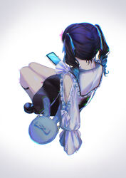 1girl absurdres animal_bag bag black_footwear black_hair black_skirt blue_hair blue_ribbon cellphone clothing_cutout digital_dissolve drill_hair frilled_sailor_collar frills from_above from_behind gradient_hair hair_ribbon highres invisible_chair jirai_kei long_sleeves looking_at_phone miniskirt multicolored_hair nape nijisanji official_alternate_costume phone puffy_long_sleeves puffy_sleeves rabbit_bag ribbon sailor_collar shoulder_cutout simple_background sitting skirt smartphone solo tsukino_mito tsukino_mito_(14th_costume) twin_drills virtual_youtuber white_background white_sailor_collar yuugu_(yuguchu427)