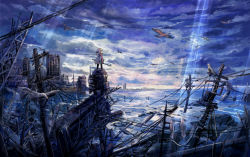 1girl bird building cityscape cloud cloudy_sky debris female_focus hood hooded_jacket horizon jacket light_rays looking_afar ocean original post-apocalypse power_lines robot rubble ruins scenery sky solo sonidoriy traffic_light utility_pole water