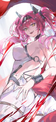 1girl absurdres ass backless_bodysuit bare_shoulders bodysuit breasts collar commentary cowboy_shot from_behind hand_on_own_ass headgear highres large_breasts long_hair looking_at_viewer looking_back lupa_(wuthering_waves) metal_collar open_mouth pink_hair polearm red_pupils signature smile solo tacet_mark_(wuthering_waves) tail toko_yuan_zi twintails weapon white_bodysuit wolf_tail wuthering_waves yellow_eyes