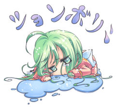 1girl ahoge chibi chibi_only commentary_request crying crying_with_eyes_open dress full_body green_eyes green_hair high_priest_(ragnarok_online) long_hair lying matoyuuki on_stomach pink_dress puddle ragnarok_online simple_background solo tears translation_request water white_background