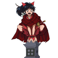 1girl absurdres arrow_(symbol) barefoot black_hair bow cape fangs feet female_focus gnsisir han&#039;you_no_yashahime highres inuyasha japanese_clothes moroha_(inuyasha) ponytail quiver red_cape sheath sheathed simple_background solo squatting stone_lantern sword toes weapon white_background