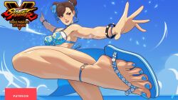 1girl alternate_costume anklet bikini blue_toenails brown_hair capcom chun-li feet feet_out_of_frame flip-flops highres jewelry legs mohoshadream nail_polish official_alternate_costume patreon_logo sandals slippers street_fighter street_fighter_v swimsuit toenail_polish toenails toes water