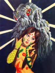 1girl absurdres alien bodypaint bodystocking breasts colored_sclera eyeshadow fujinomiya_miki giant giant_monster glowing glowing_eyes godzilla_(series) godzilla_vs._hedorah hedorah highres hippie kaiju long_hair makeup monster nude red_eyes red_sclera slime_(creature) space_monster thermacabe toho