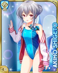 1girl bare_legs barefoot blue_one-piece_swimsuit breasts card_(medium) character_name day female_focus girlfriend_(kari) grey_hair indoor_pool indoors jacket long_hair official_art one-piece_swimsuit open_mouth pool poolside qp:flapper shigeto_akiho smile standing swimsuit tagme track_jacket