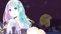 1girl aqua_eyes aqua_hair aqua_nails blonde_streaks blue_eyes blue_shirt blurry blurry_background blurry_foreground crew_neck eyelashes full_moon hands_on_own_knees highres knees_up looking_to_the_side masking_tape_(medium) mixed_media moon original parted_lips pink_eyes pink_streaks ryono shirt sidelocks solo traditional_media unconventional_media watermark web_address wispy_bangs wolf yoru_no_shijima_(synthesizer_v)