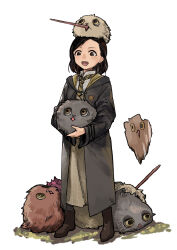1girl absurdres black_coat black_robe brown_hair coat harry_potter_(series) highres hogwarts_legacy hogwarts_school_uniform hood hood_down hooded_coat hooded_robe hufflepuff long_skirt necktie poppy_sweeting reckless_rpg robe scarf school_uniform short_hair skirt smile striped_clothes striped_necktie striped_scarf swept_bangs wizarding_world yellow_necktie