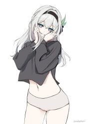 1girl absurdres belly black_hairband black_shirt cameltoe firefly_(honkai:_star_rail) gradient_eyes green_pupils grey_hair grey_panties hair_between_eyes hair_in_own_mouth hair_intakes hair_ornament hairband highres honkai:_star_rail honkai_(series) multicolored_eyes navel panties shirt simple_background solo twitter_username two-tone_eyes underwear uningmeow white_background