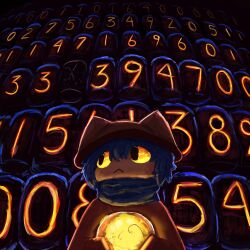 1other :&lt; absurdres animal_ear_headwear black_eyes blue_hair blue_scarf colored_sclera fake_animal_ears glowing hat highres holding kohayok light_bulb niko_(oneshot) nixie_tube no_nose oneshot_(game) other_focus red_hat scarf short_hair sleeves_past_wrists solo yellow_sclera