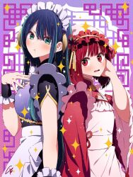 2girls 4b-enpitsu apron arima_kana black_wrist_cuffs blue_eyes blue_hair bob_cut closed_mouth commentary film_grain hair_between_eyes hand_on_own_cheek hand_on_own_chest hand_on_own_face hand_up highres inverted_bob kurokawa_akane long_hair maid maid_apron maid_headdress multicolored_hair multiple_girls open_mouth oshi_no_ko ponytail red_eyes red_hair short_hair sidelocks sparkle streaked_hair wide_sleeves wrist_cuffs