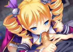 animated blonde_hair blue_eyes breasts fellatio hongou_kazuto kamihime_project_r koihime_musou oral small_breasts sousou_(koihime_musou) twintails
