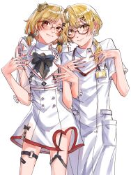 2girls absurdres amaotome animal_ears bandaid bandaid_on_knee bandaid_on_leg black-framed_eyewear black_bow black_bowtie blonde_hair blush bow bowtie brown-framed_eyewear closed_mouth collared_dress cowboy_shot dog_ears dog_girl dress glasses hair_ornament hair_over_shoulder hairclip highres inaba_haneru_(animare) looking_at_viewer medium_hair multiple_girls nanashi_inc. nurse orange_eyes seshima_rui short_sleeves simple_background smile thigh_strap virtual_youtuber white_background white_dress yellow_eyes