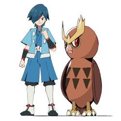 1boy black_shoes blue_eyes blue_hair blue_jacket blue_kimono clenched_hand closed_mouth falkner_(pokemon) frown gen_2_pokemon hair_over_one_eye hand_up jacket japanese_clothes kimono looking_at_viewer male_focus medium_hair nintendo noctowl open_clothes open_jacket pokemon pokemon_(creature) pokemon_hgss psaber97 sash shoes socks standing white_background white_sash white_socks