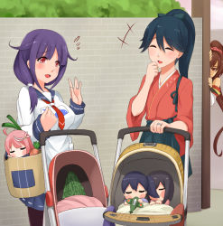 +++ 10s 6+girls :d ^_^ adapted_object aged_down akagi_(kancolle) baby baby_carrier bag bitter_melon black_hair brown_hair carrot closed_eyes darkmaya eating_hair flight_deck flying_sweatdrops groceries hair_ornament high_ponytail houshou_(kancolle) i-58_(kancolle) japanese_clothes jealous jewelry kaga_(kancolle) kantai_collection long_hair long_sleeves motherly multiple_girls name_connection object_namesake open_mouth pantyhose peeking_out ponytail purple_hair red_hair ring short_hair side_ponytail smile spring_onion stalking stroller taigei_(kancolle) toy_airplane under_covers wedding_band wide_sleeves yamato_(kancolle) you&#039;re_doing_it_wrong