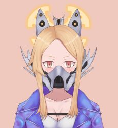 1girl animal_ears bandeau blonde_hair blue_archive breasts cleavage collarbone commission cosplay cross_halo empty_eyes forehead fox_ears fox_girl goddess_of_victory:_nikke gradient_eyes grzegorz1996 halo highres holographic_clothing jacket long_hair looking_at_viewer mask mouth_mask multicolored_eyes purple_jacket seia_(blue_archive) sin_(nikke) sin_(nikke)_(cosplay) solo tanezaki_atsumi voice_actor_connection white_bandeau yellow_eyes yellow_halo