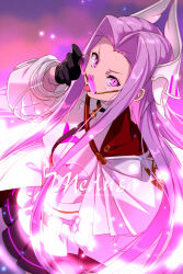 1girl black_gloves breasts capelet character_name dress echo_(circa) fate/grand_order fate_(series) gloves headpiece large_breasts long_hair long_sleeves looking_at_viewer medusa_(fate) medusa_(saber)_(fate) medusa_(saber)_(third_ascension)_(fate) open_mouth parted_bangs purple_eyes purple_hair round_eyewear sidelocks solo sunglasses tinted_eyewear tongue tongue_out very_long_hair white_capelet white_dress