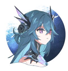 Rule 34 | 1girl, aqua hair, blue hair, braid, crossed bangs, detached sleeves, fins, hair between eyes, head fins, lamia: lost lullaby (pgr), lamia (pgr), long neck, long sleeves, parted lips, punishing: gray raven, purple eyes, ringed eyes, shell hair ornament, shiraeda, sidelocks, solo