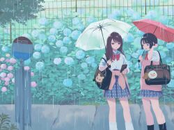 2girls bag bag_charm black_hair bow bowtie brown_hair cellphone charm_(object) day feet_out_of_frame flower highres holding holding_phone holding_umbrella hydrangea inoue_haruka_(haruharu210) itemlabel long_hair miniskirt multiple_girls nail_polish original outdoors peepy phone plaid_clothes plaid_skirt pleated_skirt rain red_bow red_bowtie school_bag school_uniform shirt short_hair short_sleeves shoulder_bag skirt smartphone socks standing umbrella white_shirt