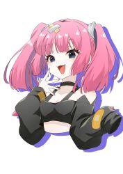 1girl :d absurdres bare_shoulders black_shirt blunt_bangs breasts cleavage commentary_request coral_(pokemon) cropped_shirt drop_shadow eyelashes fang grey_eyes happy highres ikura_onigiri nail_polish nintendo off-shoulder_shirt off_shoulder open_mouth pink_hair pink_nails pokemon pokemon_(anime) pokemon_horizons shirt smile solo spread_fingers tongue twintails upper_body white_background