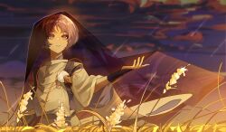 1boy abstract_background absurdres bridal_gauntlets chinese_commentary cloud cloudy_sky duplicate feather_necklace genshin_impact hair_between_eyes highres japanese_clothes jewelry long_sleeves looking_to_the_side looking_up multiple_tails necklace outdoors parted_lips purple_eyes purple_hair purple_veil red_pupils scaramouche_(genshin_impact) scaramouche_(kabukimono)_(genshin_impact) shade short_hair sky solo standing tail upper_body veil wheat_field wide_sleeves yutu091961
