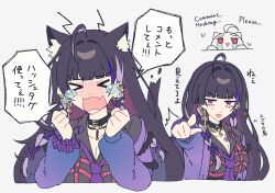 Rule 34 | &gt; &lt;, 1girl, ahoge, animal ear fluff, animal ears, black collar, black hair, black shirt, blunt bangs, braid, breasts, cat ears, cat girl, cat tail, chest tattoo, chibi, cleavage, clenched hands, closed eyes, collar, collared shirt, commentary request, ear piercing, earrings, fang, gold earrings, hair intakes, hair ornament, hair scrunchie, hands up, jacket, jewelry, large breasts, linked piercing, long hair, long sleeves, looking at viewer, meloco kyoran, meloco kyoran (1st costume), multicolored hair, multiple views, necktie, nijisanji, nijisanji en, off shoulder, open clothes, open jacket, open mouth, outstretched arm, piercing, pointing, pointing at viewer, purple eyes, purple hair, purple jacket, purple necktie, purple scrunchie, scrunchie, sekka (sekka1202), shirt, side braids, simple background, skin fang, speech bubble, spiked ear piercing, streaked hair, tail, tattoo, tears, translation request, twin braids, upper body, very long hair, virtual youtuber, white background, wrist scrunchie