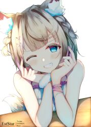 1girl animal_ears aties20 blonde_hair blue_eyes blush closed_mouth dog_ears dog_girl dog_tail fang hololive hololive_english looking_at_viewer mococo_abyssgard mococo_abyssgard_(casual) multicolored_hair nail_polish official_alternate_costume one_eye_closed pink_hair pink_nails shirt short_hair smile solo streaked_hair tail virtual_youtuber white_shirt