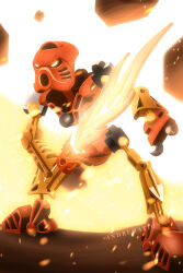 andremation artist_name bionicle commentary embers english_commentary flaming_sword flaming_weapon full_body glowing glowing_eyes highres humanoid_robot kanohi_(bionicle) orange_eyes robot rock standing tahu_(bionicle) the_lego_group v-shaped_eyes