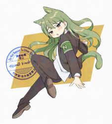 Rule 34 | 1boy, adversarial noise, animal ear fluff, animal ears, armband, black eyes, black jacket, black pants, black shoes, black suit, blush, cat ears, cat tail, commentary request, double-parted bangs, formal clothes, from behind, full body, green armband, green hair, hair between eyes, jacket, kemonomimi mode, lobotomy corporation, long hair, long sleeves, medu (rubish), mixed-language text, netzach (project moon), open clothes, open jacket, open mouth, pants, project moon, shirt, shoes, simple background, solo, suit, suit jacket, tail, translation request, watermark, white background, white shirt, yellow background