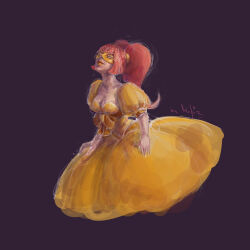 Rule 34 | 1girl, absurdres, breasts, cleavage, commentary, cthulhu mythos, dress, english commentary, estir, highres, mask, medium breasts, moodymashroom, pink hair, purple background, solo, sucker for love, twintails, yellow dress, yellow lips