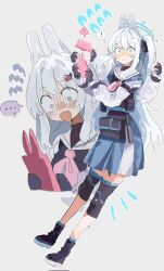 ... 1girl animal_ear_headphones animal_ears blue_archive blue_halo blush fake_animal_ears halo headphones highres miyako_(blue_archive) neckerchief odmised pink_neckerchief purple_eyes rabbit_ear_headphones school_uniform solo speech_bubble tactical_school_uniform white_hair wide-eyed
