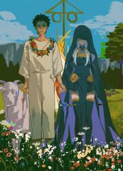 1boy 1girl bags_under_eyes black_dress black_veil dress flower glitch highres holding_hands looking_at_viewer midsommar natsuki_subaru outdoors re:zero_kara_hajimeru_isekai_seikatsu satella_(re:zero) span_(shibanyu63868) veil