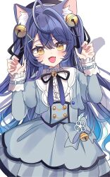 :3 absurdres ahoge amamiya_kokoro amamiya_kokoro_(1st_costume) animal_ear_fluff animal_ears bell blue_dress blue_hair blush cat_ears cat_girl cat_tail claw_pose commentary cowboy_shot dress gradient_hair hair_bell hair_intakes hair_ornament highres long_sleeves looking_at_viewer multicolored_hair nijisanji open_mouth simple_background smile tail virtual_youtuber white_background yellow_eyes yuzukiyuno_(yunmu_g)