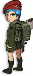 1boy backpack bag beret blue_eyes blue_hair chirico_cuvie clenched_hand gun handgun hat holding holding_gun holding_weapon looking_back male_focus missile_pod nishikawa_kun pistol solo soukou_kihei_votoms weapon white_background aged_down
