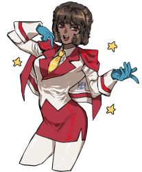 1girl absurdres blue_gloves breasts brown_hair collared_shirt cowboy_shot dark-skinned_female dark_skin decepticon formal_clothes genderswap genderswap_(mtf) gloves hands_up highres humanization jacket jacket_on_shoulders long_sleeves looking_at_viewer miniskirt necktie open_mouth pantyhose pencil_skirt red_eyes red_jacket red_skirt shirt short_hair side_slit skirt skirt_suit sleeve_cuffs smile solo star_(symbol) starscream striped_necktie suit tatamintatamin teeth transformers upper_teeth_only white_background white_jacket white_pantyhose white_shirt yellow_necktie